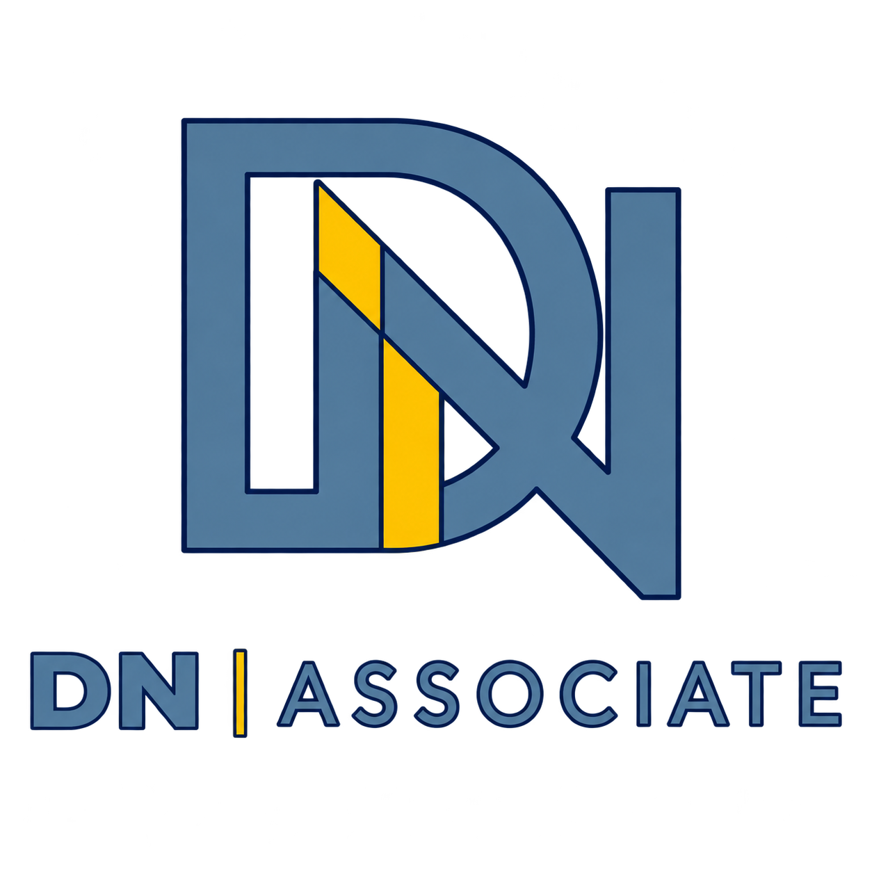 DN Associate logo in steel blue and vibrant gold